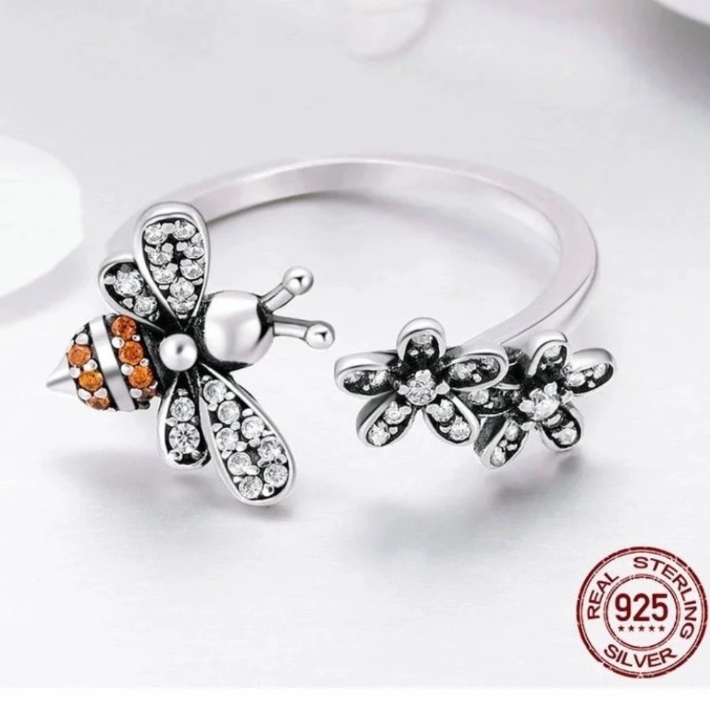 925 Sterling Silver Trendy Bee & Daisy Flower Finger Rings